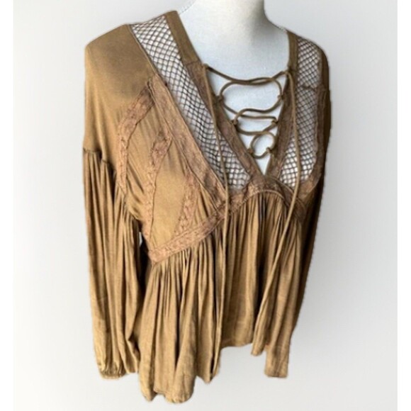 Free People Bell Sleeve Blouse Flowy Peasant Burgundy Brown boho top Size Small - Picture 7 of 14